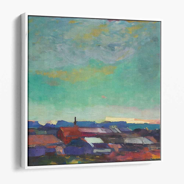 Dusk on Weathered Eaves: Tranquil Sunset Over Rustic Rooftops