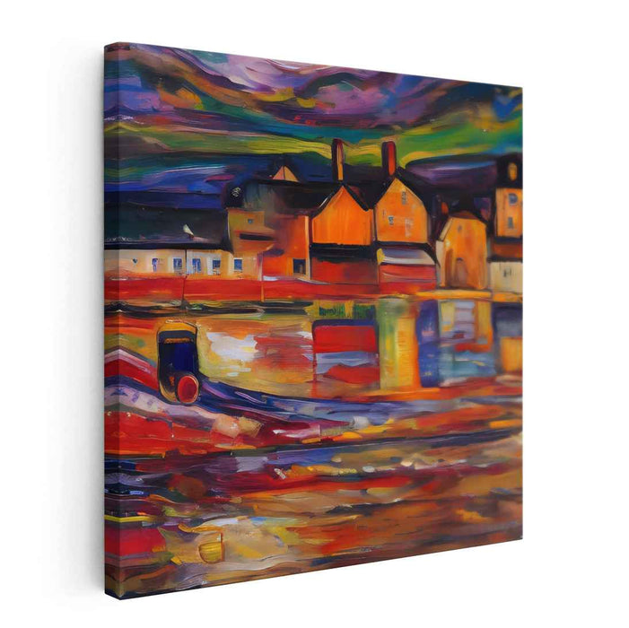 Vivid Village Reflections: Post-Impressionist Canvas Art Print