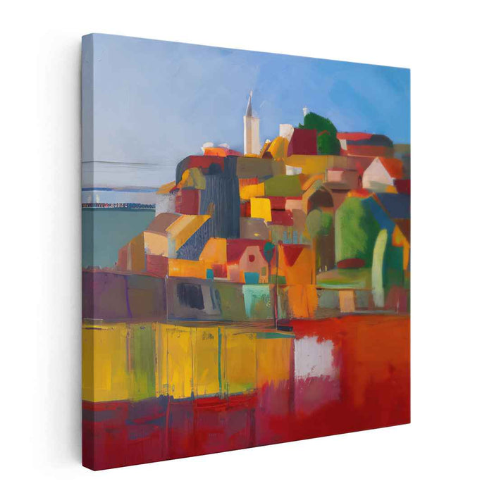 Radiant Coastal Village: Modern Expressionist Landscape Canvas Art