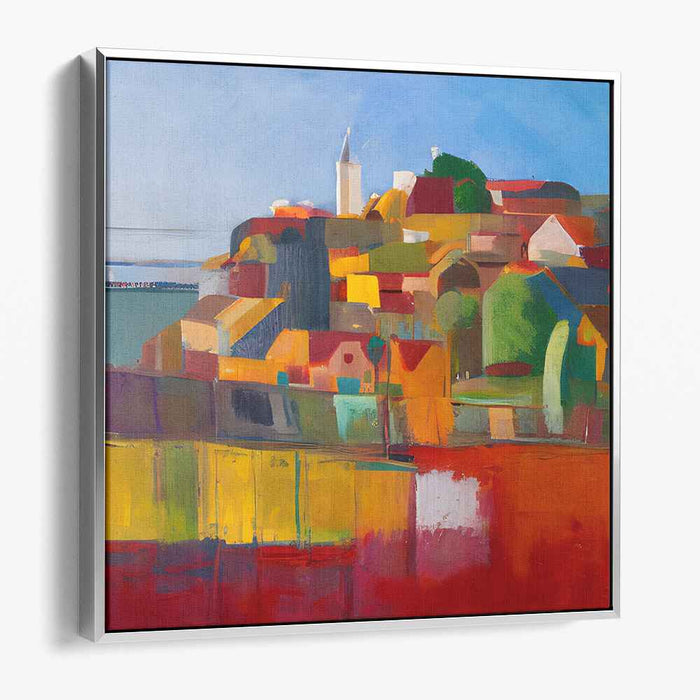 Radiant Coastal Village: Modern Expressionist Landscape Canvas Art