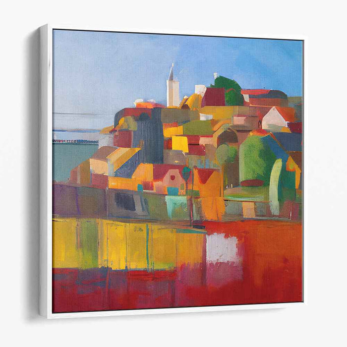 Radiant Coastal Village: Modern Expressionist Landscape Canvas Art