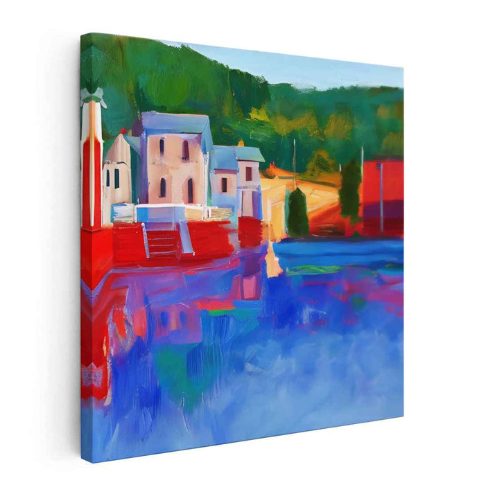 Serene Lakeside Village: Colorful Contemporary Landscape Canvas Art Print