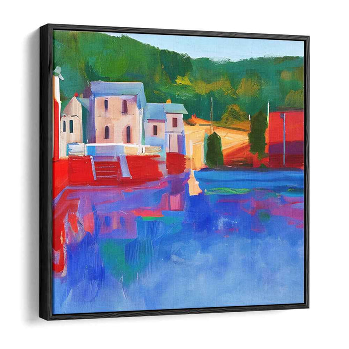 Serene Lakeside Village: Colorful Contemporary Landscape Canvas Art Print