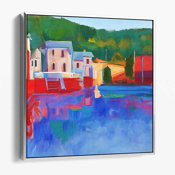 Serene Lakeside Village: Colorful Contemporary Landscape Canvas Art Print