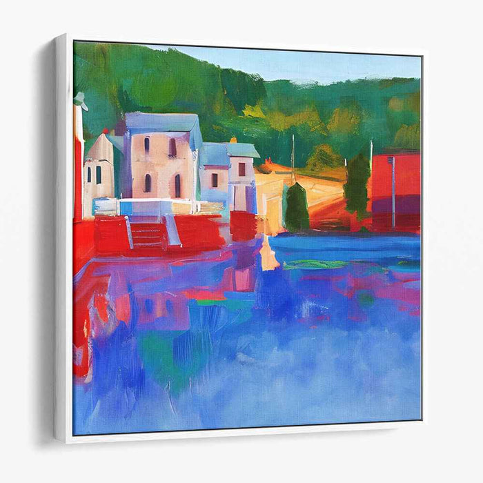 Serene Lakeside Village: Colorful Contemporary Landscape Canvas Art Print