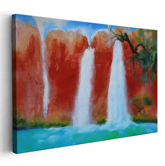 Flowing Crimson Cascades: Vibrant Waterfall and Red Cliffs Canvas Art Print