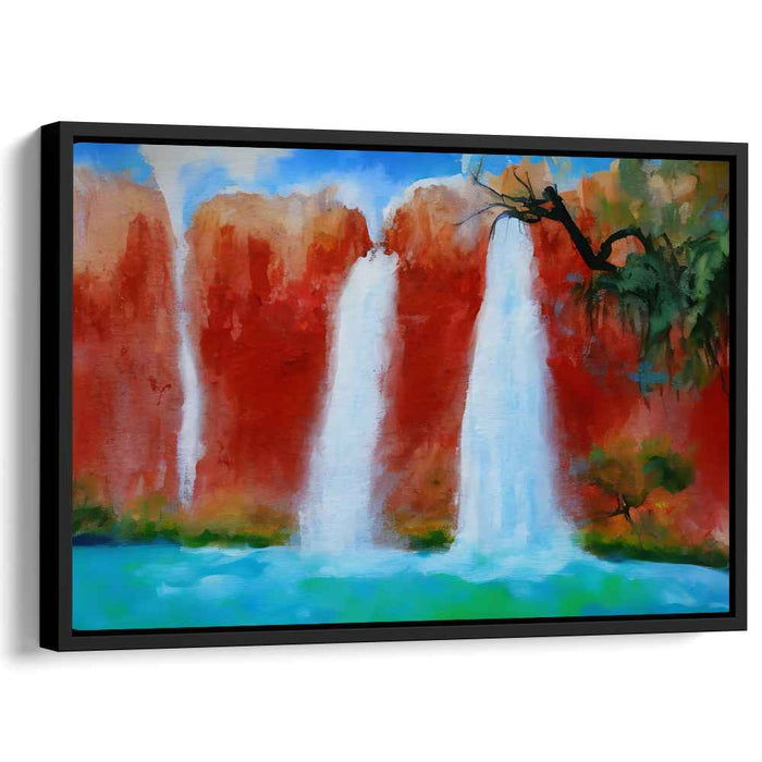 Flowing Crimson Cascades: Vibrant Waterfall and Red Cliffs Canvas Art Print