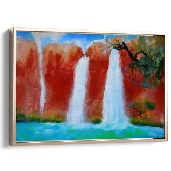Flowing Crimson Cascades: Vibrant Waterfall and Red Cliffs Canvas Art Print