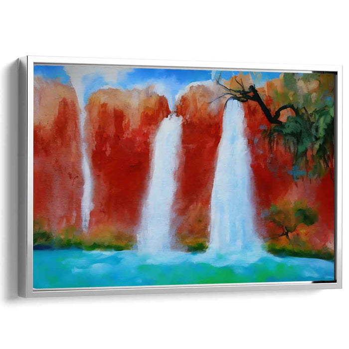 Flowing Crimson Cascades: Vibrant Waterfall and Red Cliffs Canvas Art Print