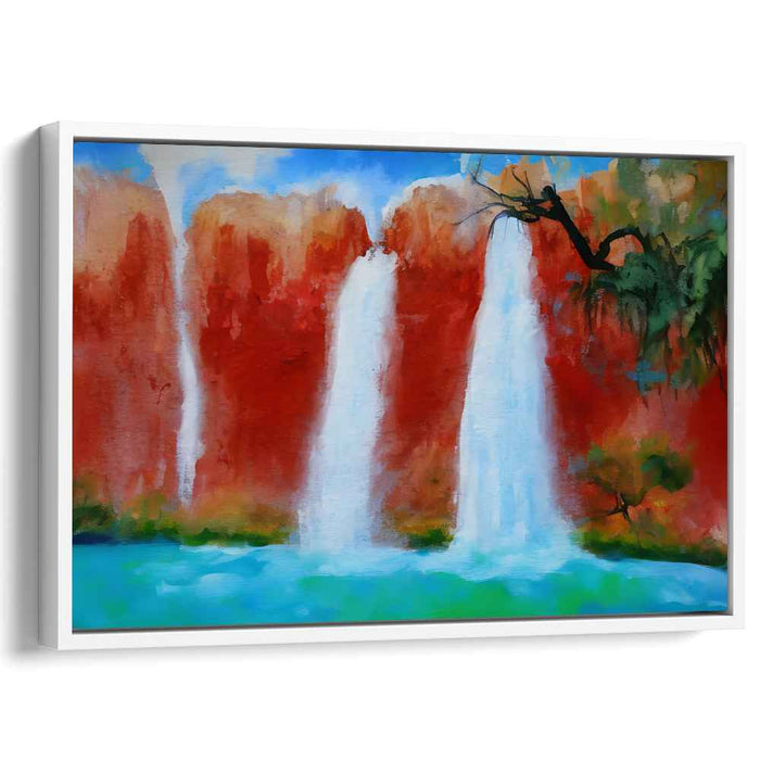 Flowing Crimson Cascades: Vibrant Waterfall and Red Cliffs Canvas Art Print