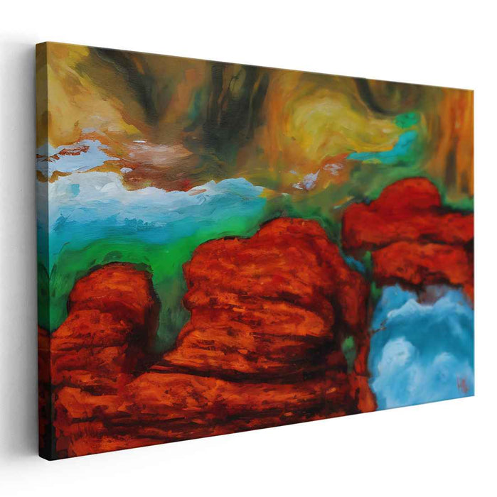 Crimson Cliffs and Azure Waters: Vivid Landscape Canvas Art
