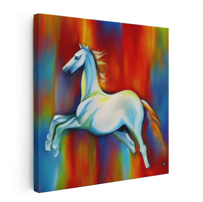 Majestic Leap: Vibrant Abstract White Horse Canvas Art Print