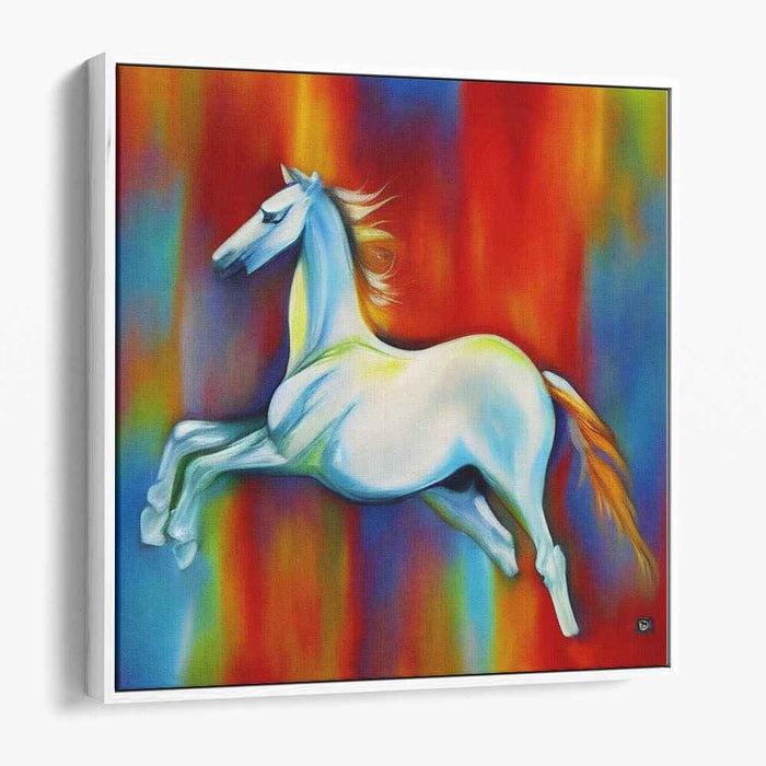 Majestic Leap: Vibrant Abstract White Horse Canvas Art Print