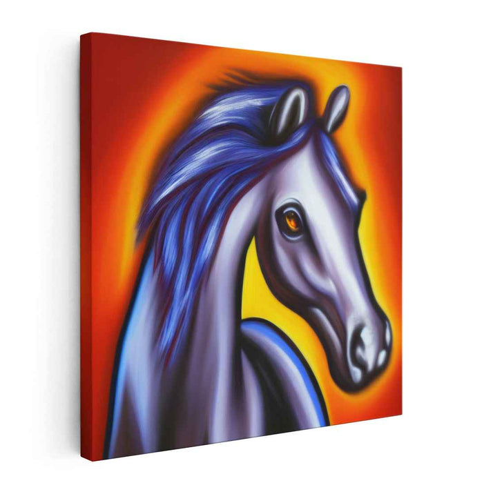 Vibrant Mane Symphony: Expressive Horse in Orange and Blue Canvas Art