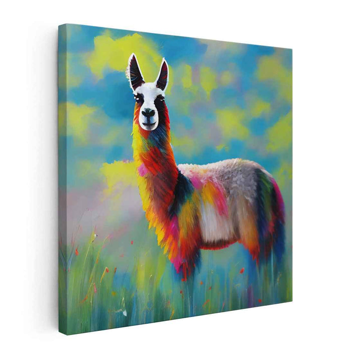 Llama's Meadow Parade: Colorful Llama in Majestic Meadow Canvas Art Print
