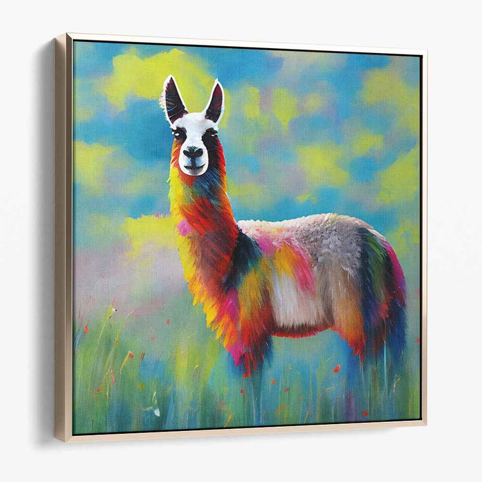 Llama's Meadow Parade: Colorful Llama in Majestic Meadow Canvas Art Print