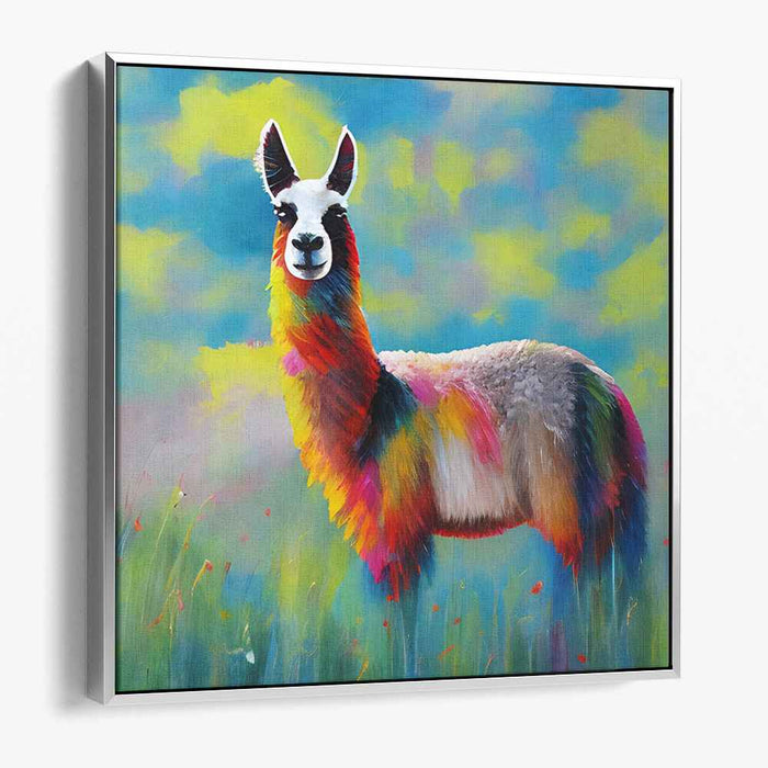 Llama's Meadow Parade: Colorful Llama in Majestic Meadow Canvas Art Print