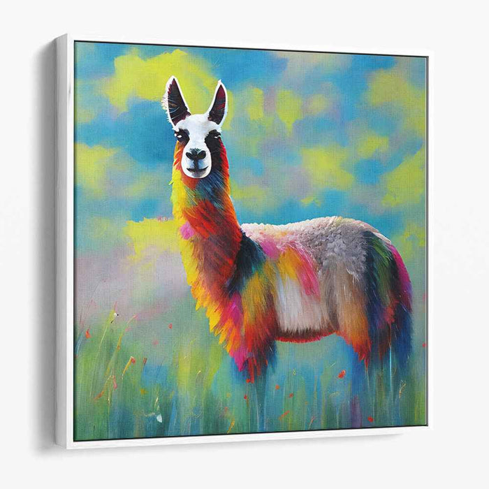 Llama's Meadow Parade: Colorful Llama in Majestic Meadow Canvas Art Print