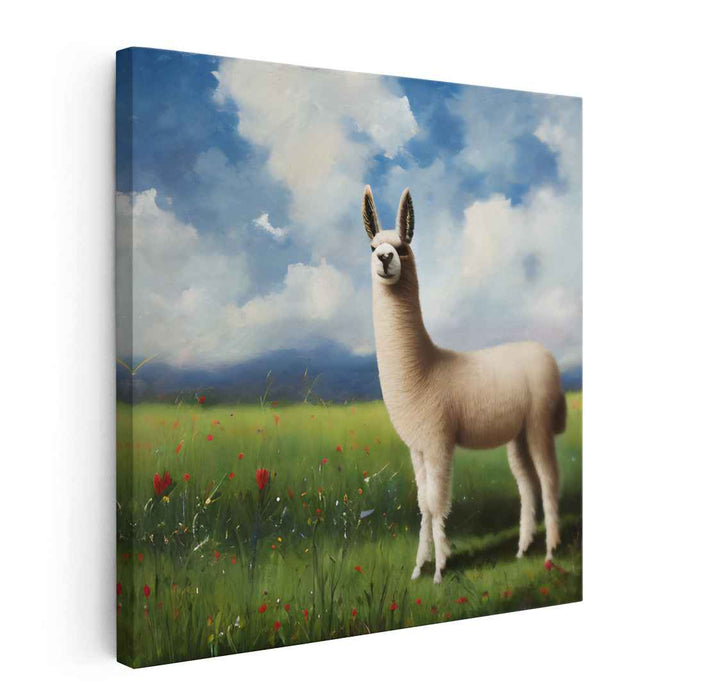 Majestic Llama in Lush Meadow: Realistic Landscape Canvas Art Print