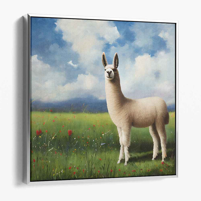 Majestic Llama in Lush Meadow: Realistic Landscape Canvas Art Print