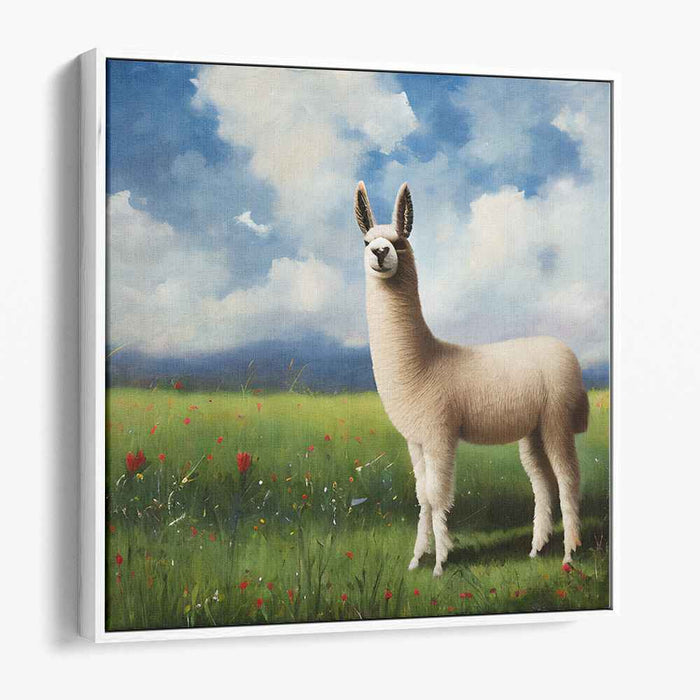 Majestic Llama in Lush Meadow: Realistic Landscape Canvas Art Print