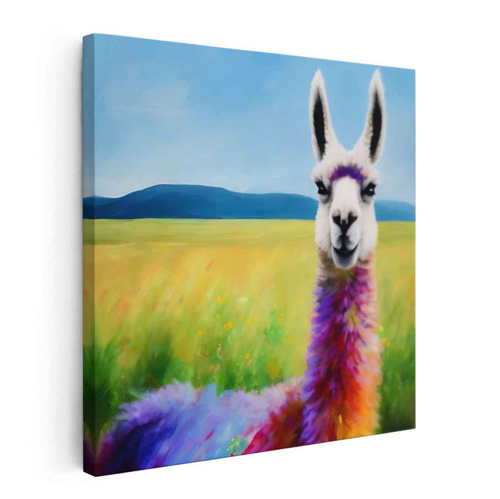 Whimsical Rainbow Llama in Blooming Field: Fantasy Canvas Art Print