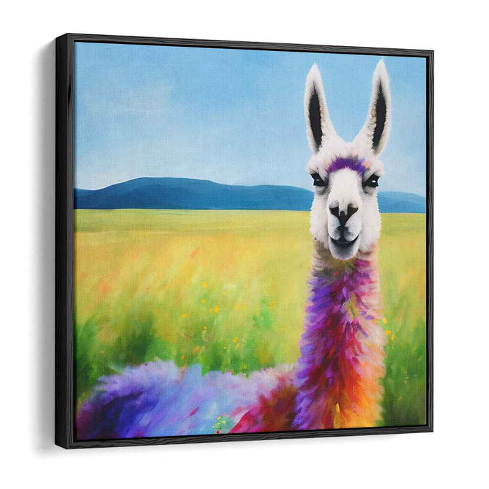 Whimsical Rainbow Llama in Blooming Field: Fantasy Canvas Art Print