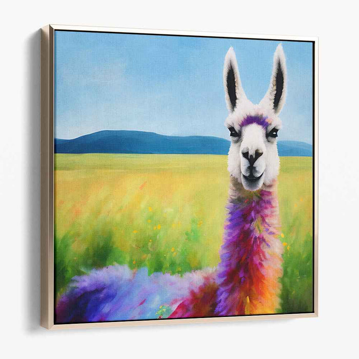 Whimsical Rainbow Llama in Blooming Field: Fantasy Canvas Art Print