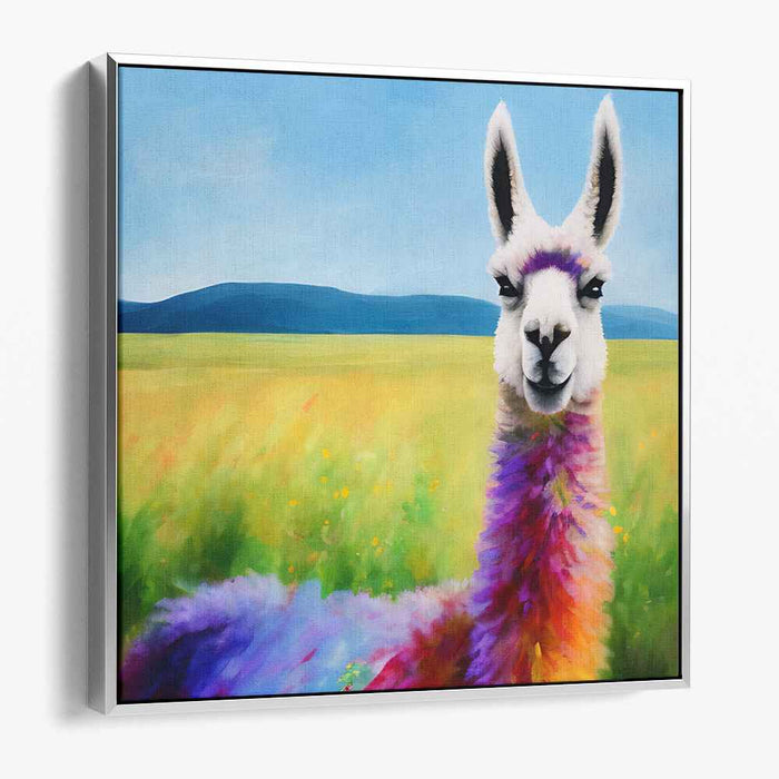 Whimsical Rainbow Llama in Blooming Field: Fantasy Canvas Art Print