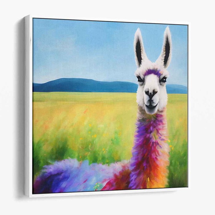 Whimsical Rainbow Llama in Blooming Field: Fantasy Canvas Art Print