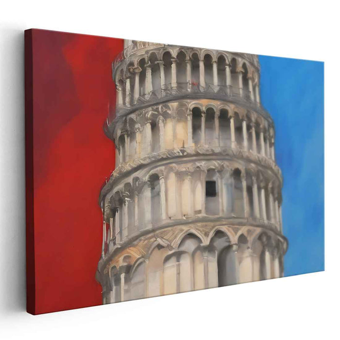 Historic Contrast: Leaning Tower of Pisa with Vivid Red and Blue Background