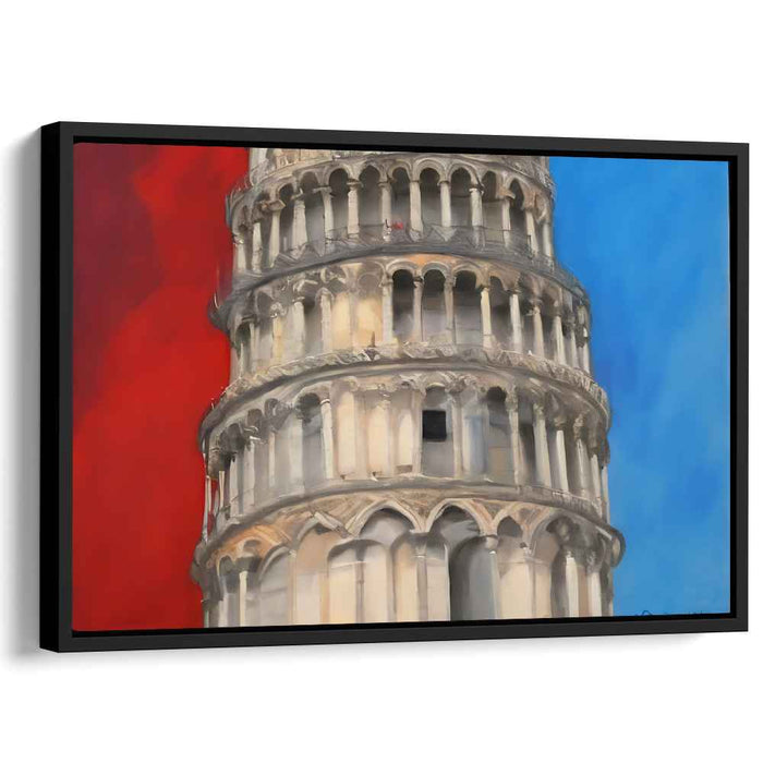 Historic Contrast: Leaning Tower of Pisa with Vivid Red and Blue Background