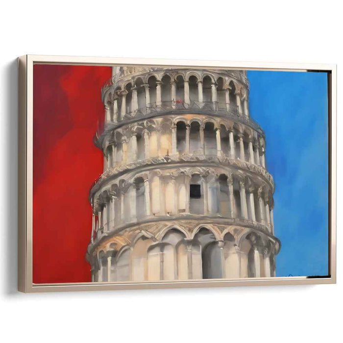 Historic Contrast: Leaning Tower of Pisa with Vivid Red and Blue Background