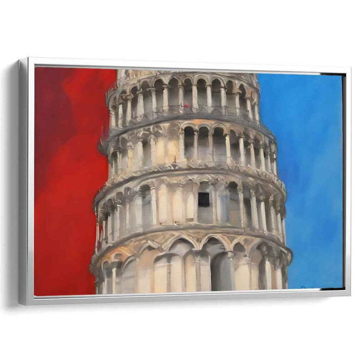 Historic Contrast: Leaning Tower of Pisa with Vivid Red and Blue Background