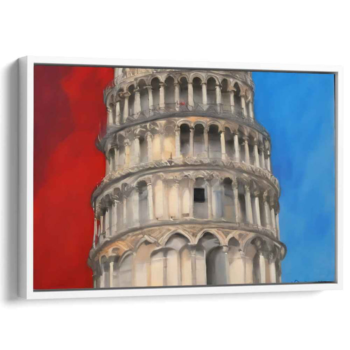 Historic Contrast: Leaning Tower of Pisa with Vivid Red and Blue Background