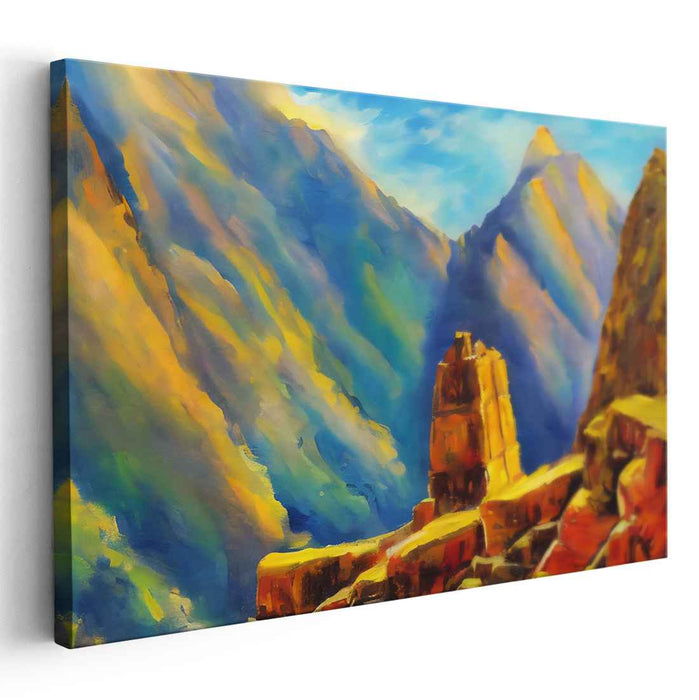 Majestic Peaks Embrace: Vibrant Mountain Vista Oil Painting