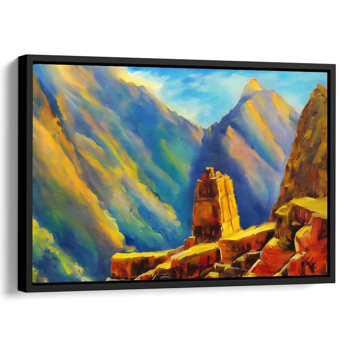 Majestic Peaks Embrace: Vibrant Mountain Vista Oil Painting