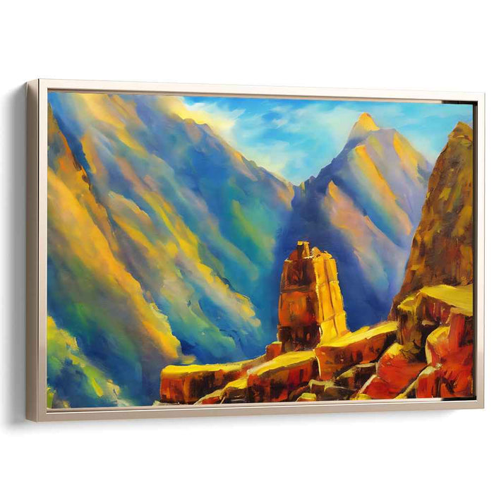 Majestic Peaks Embrace: Vibrant Mountain Vista Oil Painting