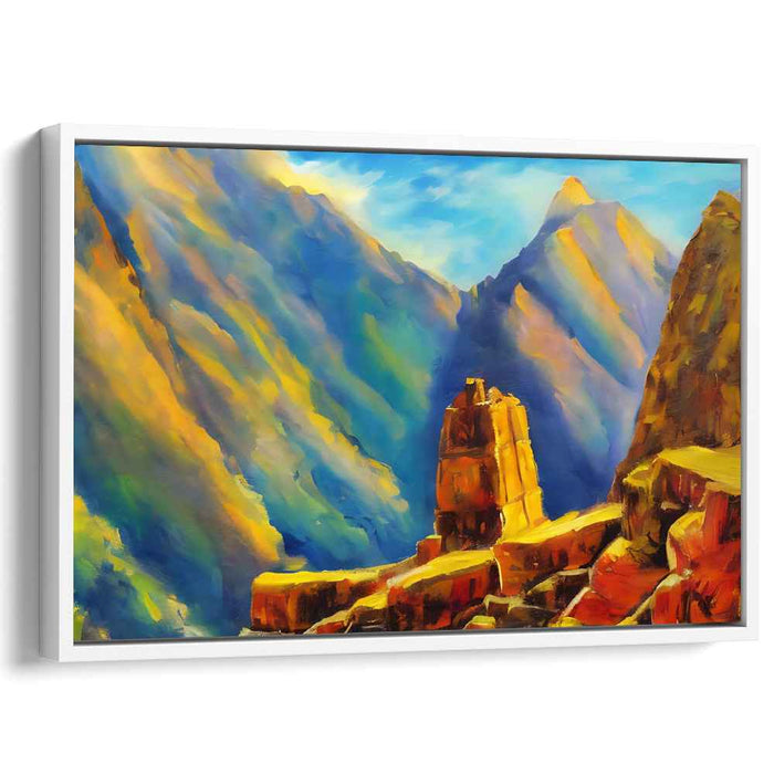 Majestic Peaks Embrace: Vibrant Mountain Vista Oil Painting