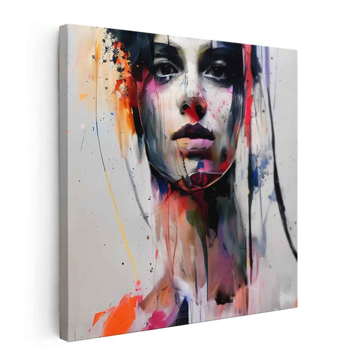 Contemplative Chaos: Modern Portrait Amidst Abstract Color Bursts Canvas Art