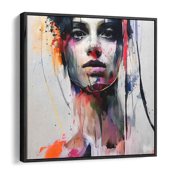Contemplative Chaos: Modern Portrait Amidst Abstract Color Bursts Canvas Art