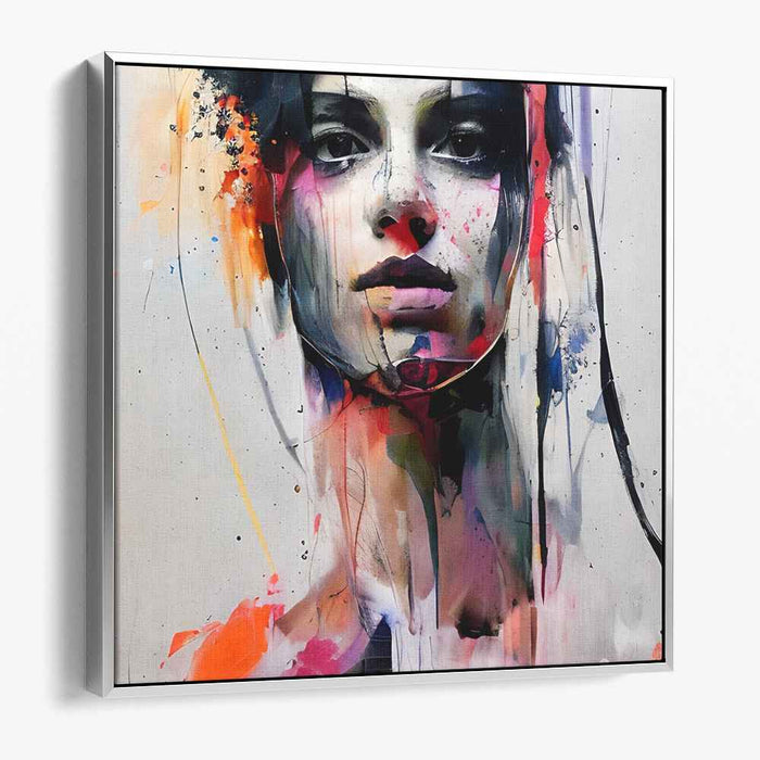 Contemplative Chaos: Modern Portrait Amidst Abstract Color Bursts Canvas Art