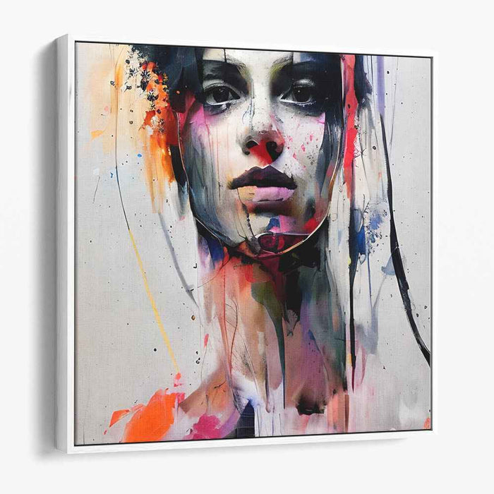 Contemplative Chaos: Modern Portrait Amidst Abstract Color Bursts Canvas Art