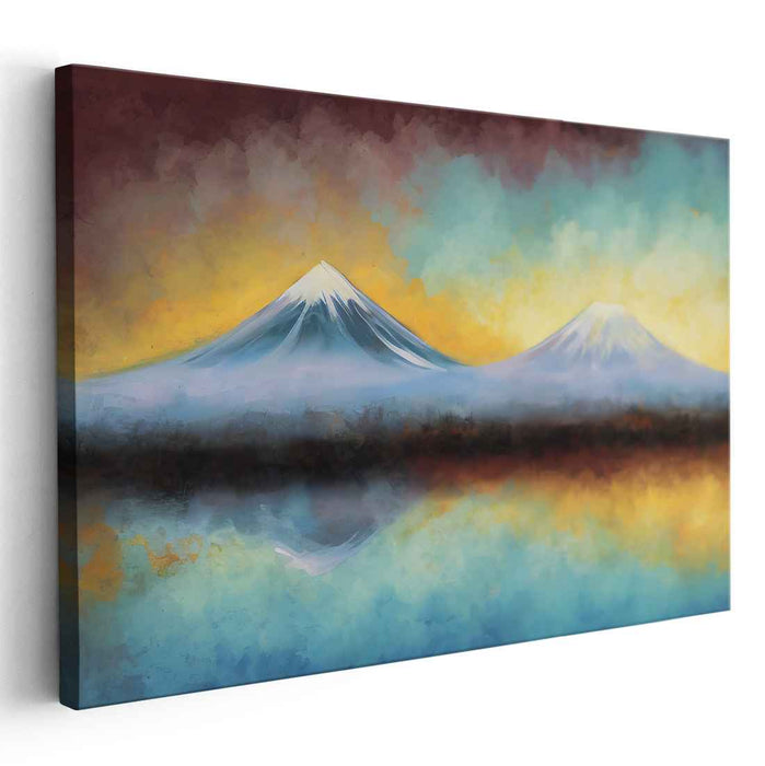 Mirrored Mountain Reflections: Vibrant Twin Peaks in Watercolor Hues Canvas Art Print