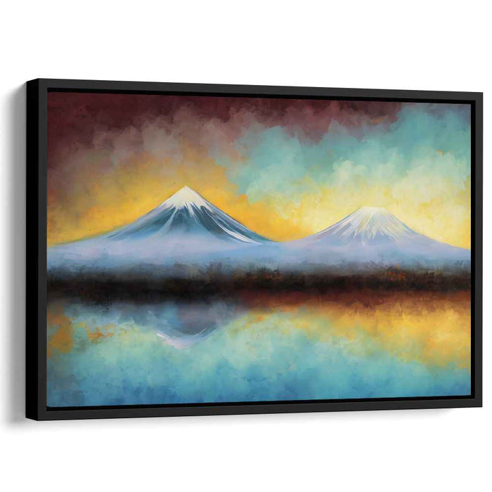 Mirrored Mountain Reflections: Vibrant Twin Peaks in Watercolor Hues Canvas Art Print