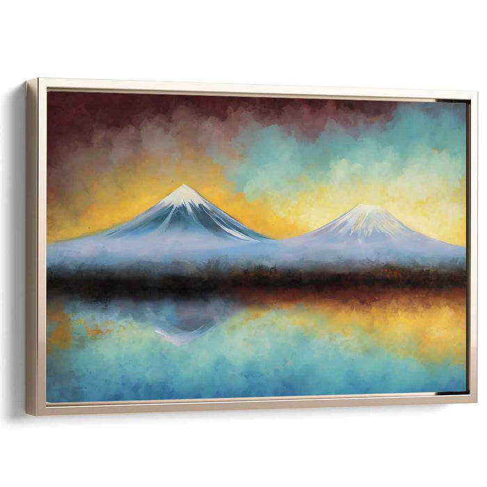 Mirrored Mountain Reflections: Vibrant Twin Peaks in Watercolor Hues Canvas Art Print
