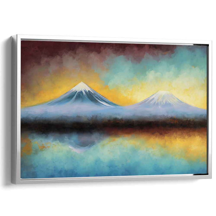Mirrored Mountain Reflections: Vibrant Twin Peaks in Watercolor Hues Canvas Art Print