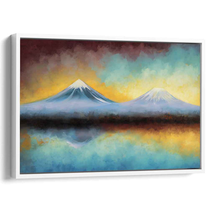 Mirrored Mountain Reflections: Vibrant Twin Peaks in Watercolor Hues Canvas Art Print