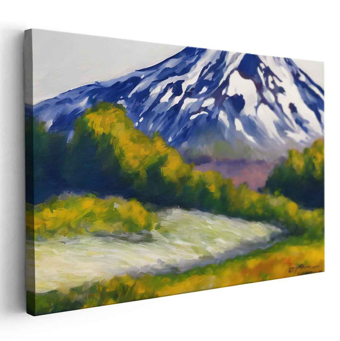 Etheric Summit Glow: Impressionistic Mountain and Golden Forest Canvas Art