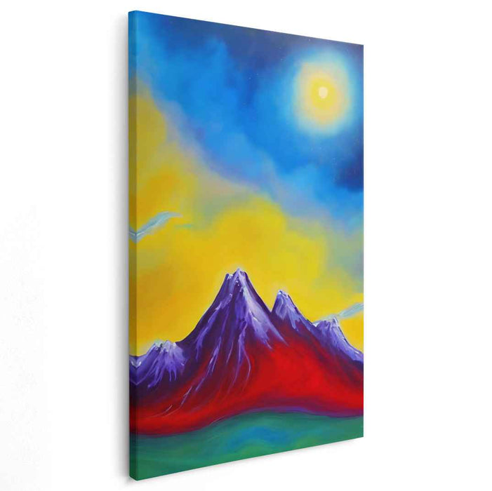 Ethereal Glow Peaks: Surreal Mountain Landscape with Radiant Sky Canvas Art Print